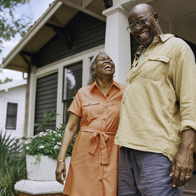 A man and woman standing in front of their house